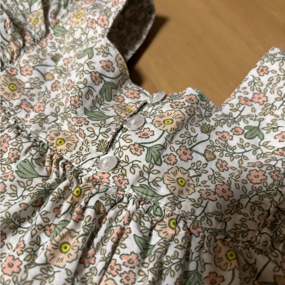 Floral Cotton Button Detail Botton-Back Summer Dress in Pink & Green